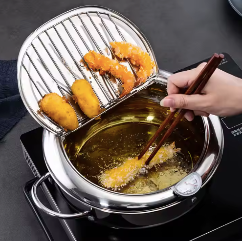 Stainless Steel Tempura Deep-Fryer Pot with lid